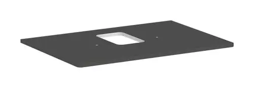 Schwarze Konsole von Hansgrohe mit mittigem Ausschnitt, geeignet für Aufsatzwaschtische, untere Oberfläche ohne sichtbare Befestigungen.